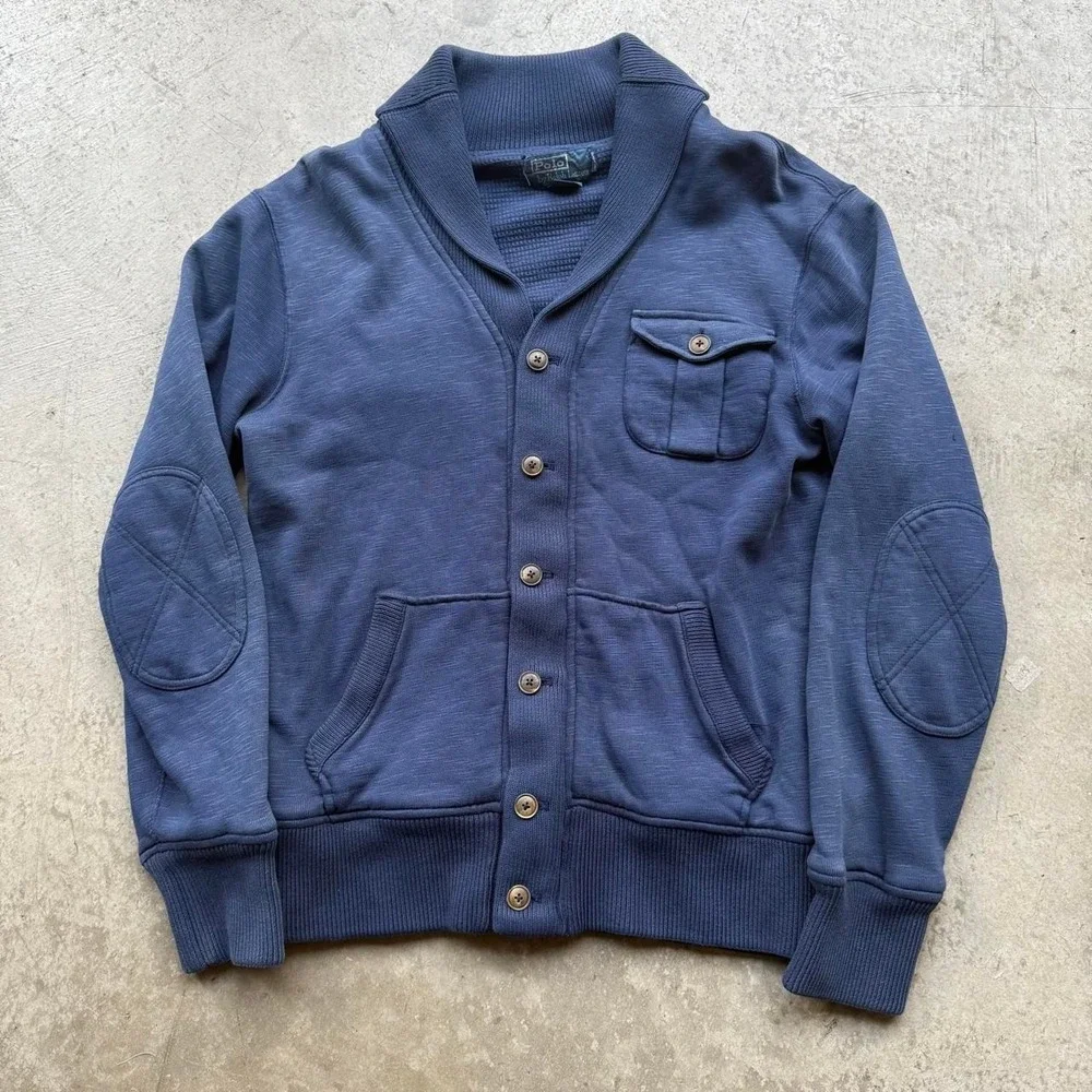 Ralph Lauren 90s Shawl Collar Indigo Cardigan Cotton M Thermal Lining Preppy
